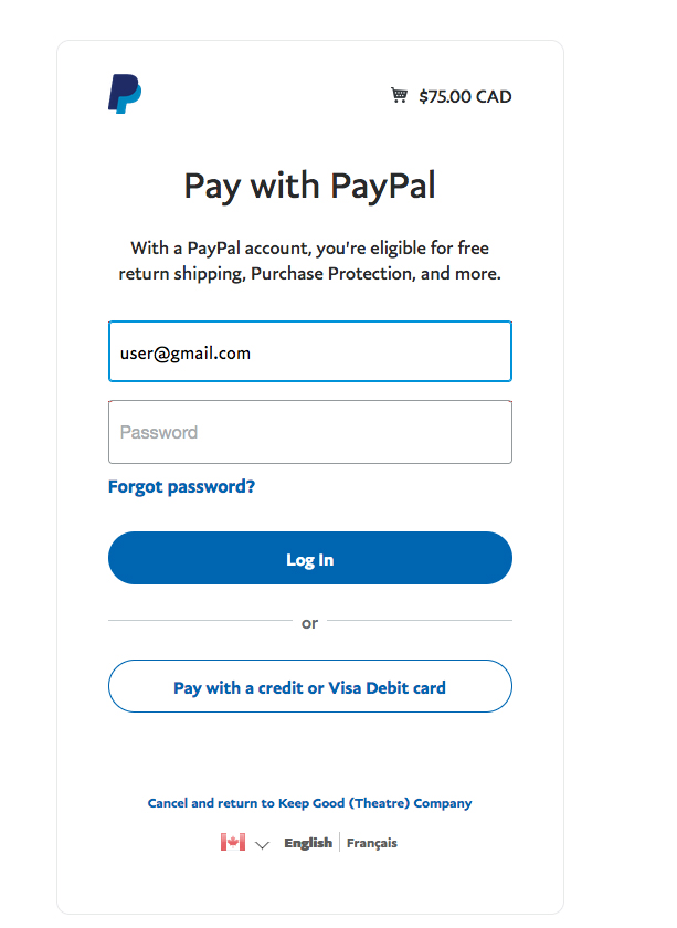 another image of the PayPal checkout start page when you are automatically logged in already